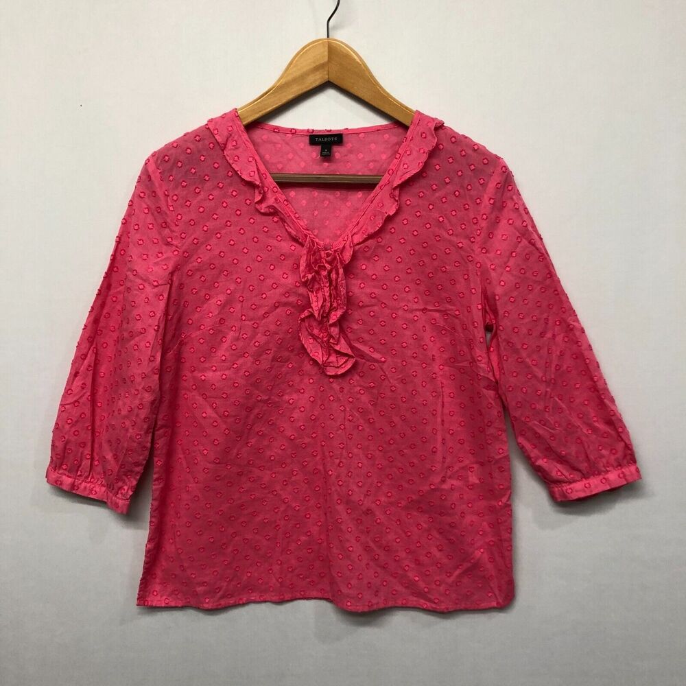 Talbots Women 3/4 Sleeve Blouse Top Shirt Size Small Pink Cotton M197 -15